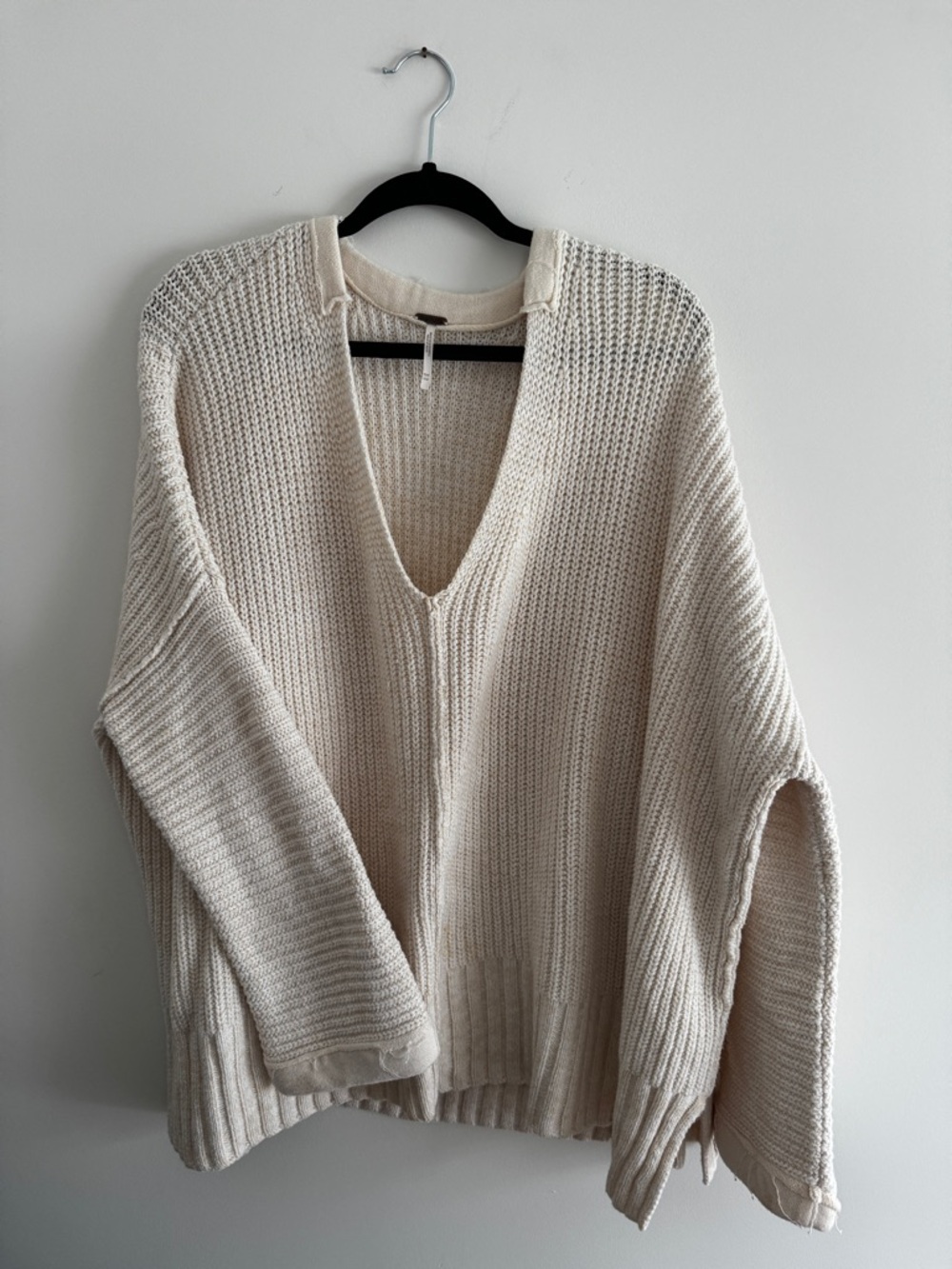 Free People Cream Deep V-Neck Oversized Knit Pullover